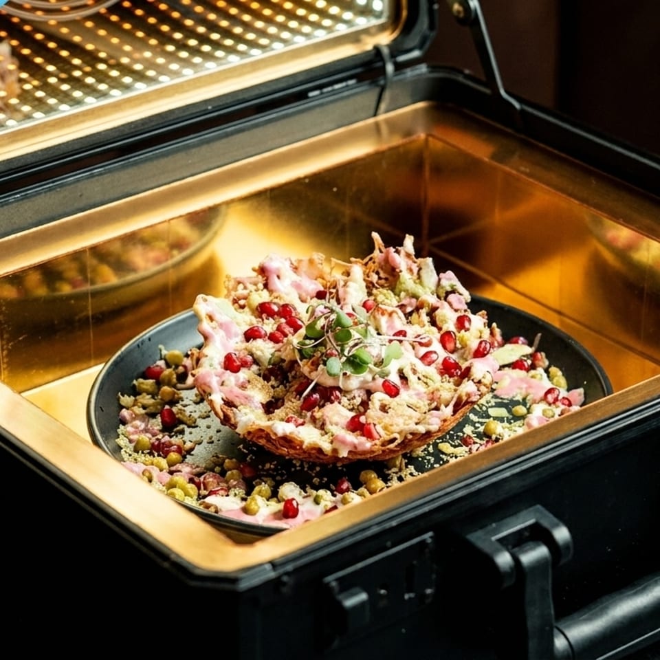 A colorful dish with pomegranate seeds and microgreens, served in a black case with a golden interior.