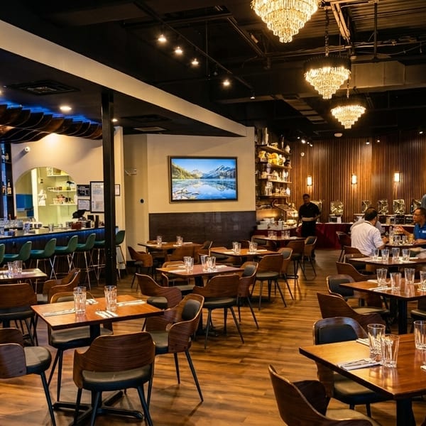 A spacious restaurant interior with a bar, dining tables, and a buffet area with patrons.