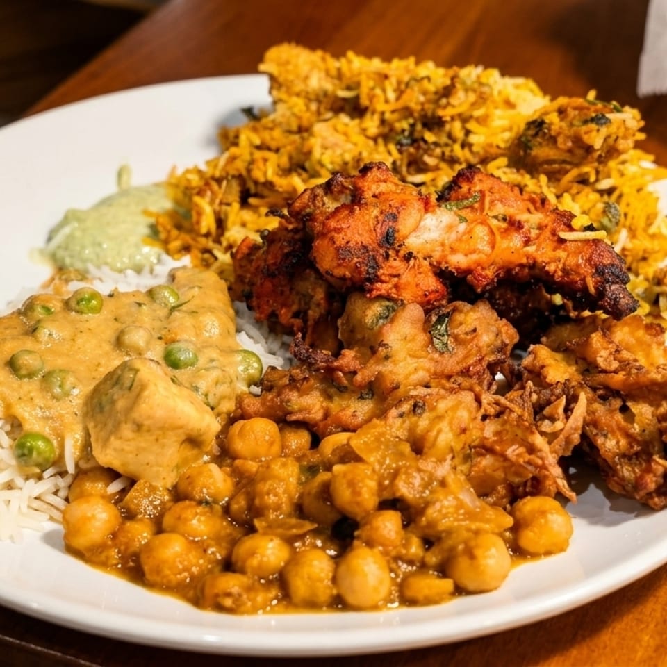 A white plate filled with various Indian dishes, including rice, curries, and fried chicken.
